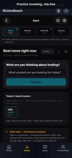 RichesReach app screenshot showing today's Apex daily guidance for a ticker